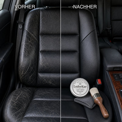 Vorher Nachher — Beschädigter vs restaurierter schwarzer Ledersitz