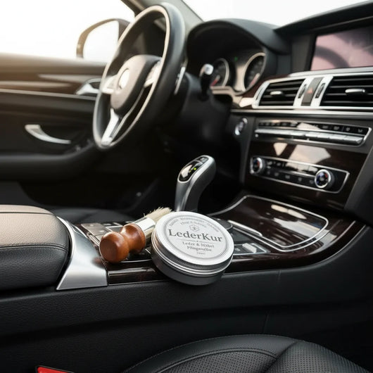 LederKur Dose und Bürste auf Autositz im BMW-Interieur